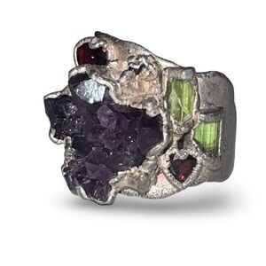 Vintage C + R 99% Pure Silver Amethyst Geode Green Tourmaline Garnet Ring Size 9